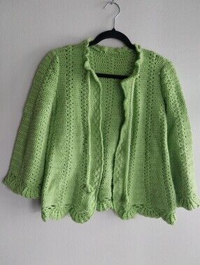 Handmade Apple Green Crochet Scalloped Edge Open Front 3/4 Sleeve Cardigan